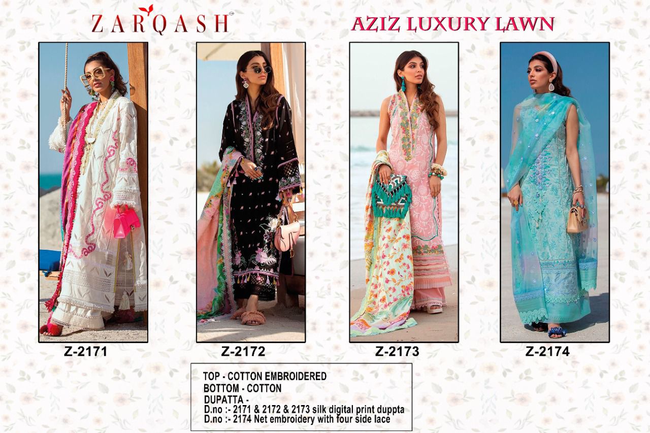 Zarqash Aziz Luxury Lawn Cotton Designer Fancy Wear Pakistani Salwar Suits Collection